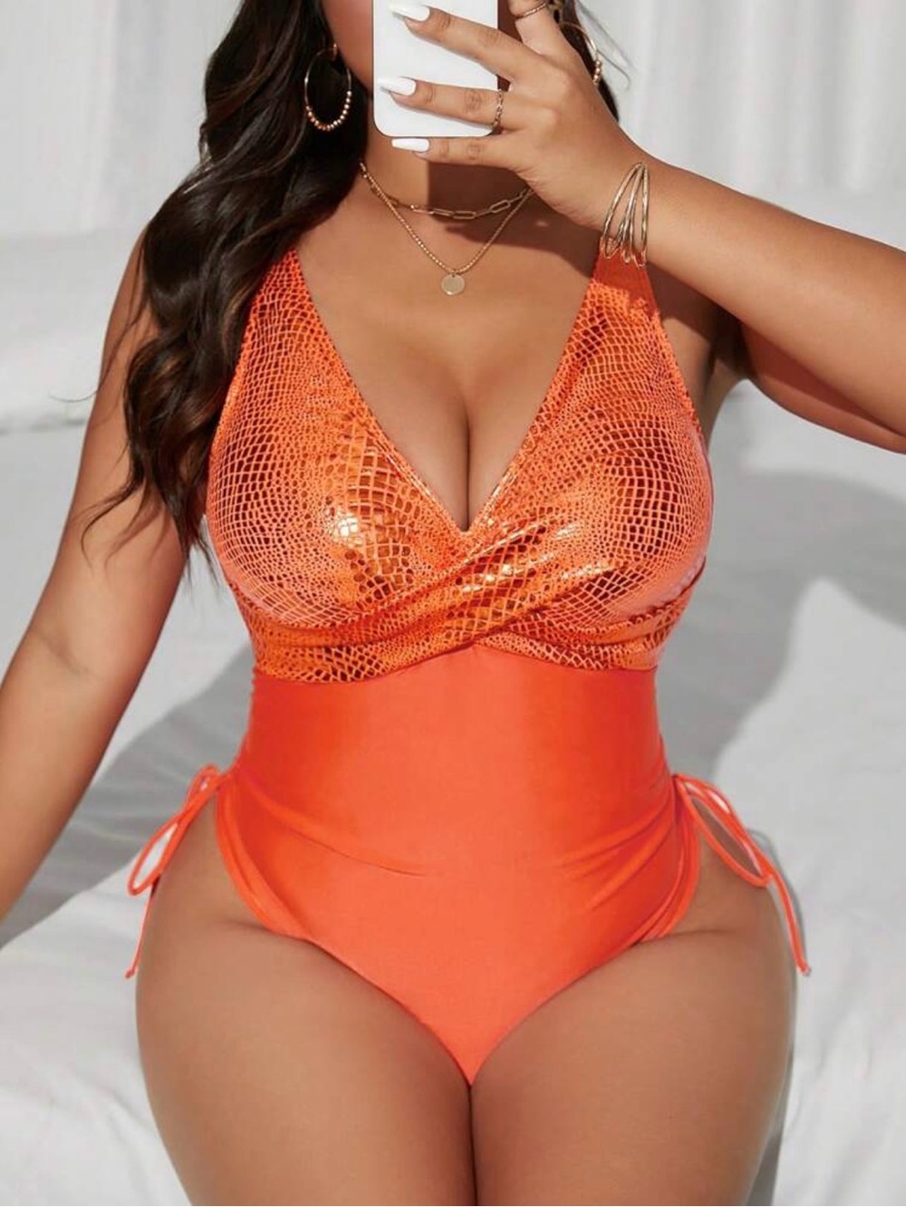 Orange Textured V-Neck One-Piece Swimsuit